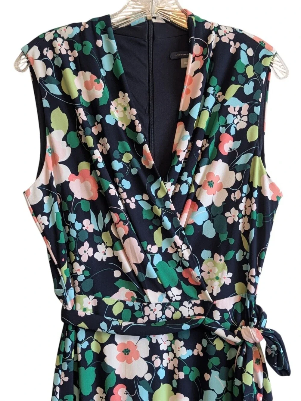 Tommy Hilfiger Blue Floral Aline Midi Dress Sleeveless Wrap Belt Summer Party